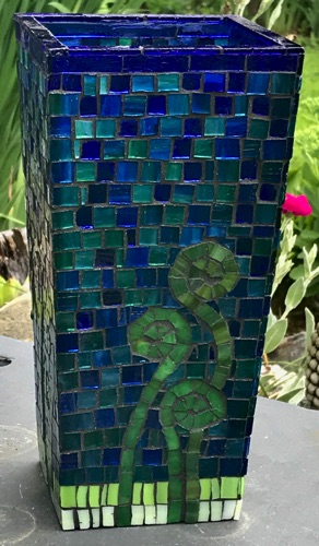 Fiddlehead Vase;4.5" x 4.5" x 9", tapered; stained glass on glass;  $150.00